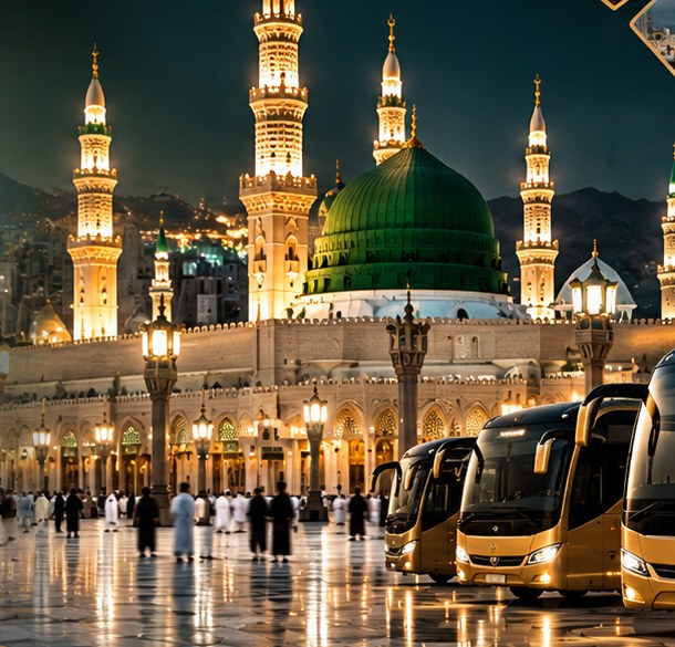 Masjid an-Nabawi at night with gold coaches lined up outside