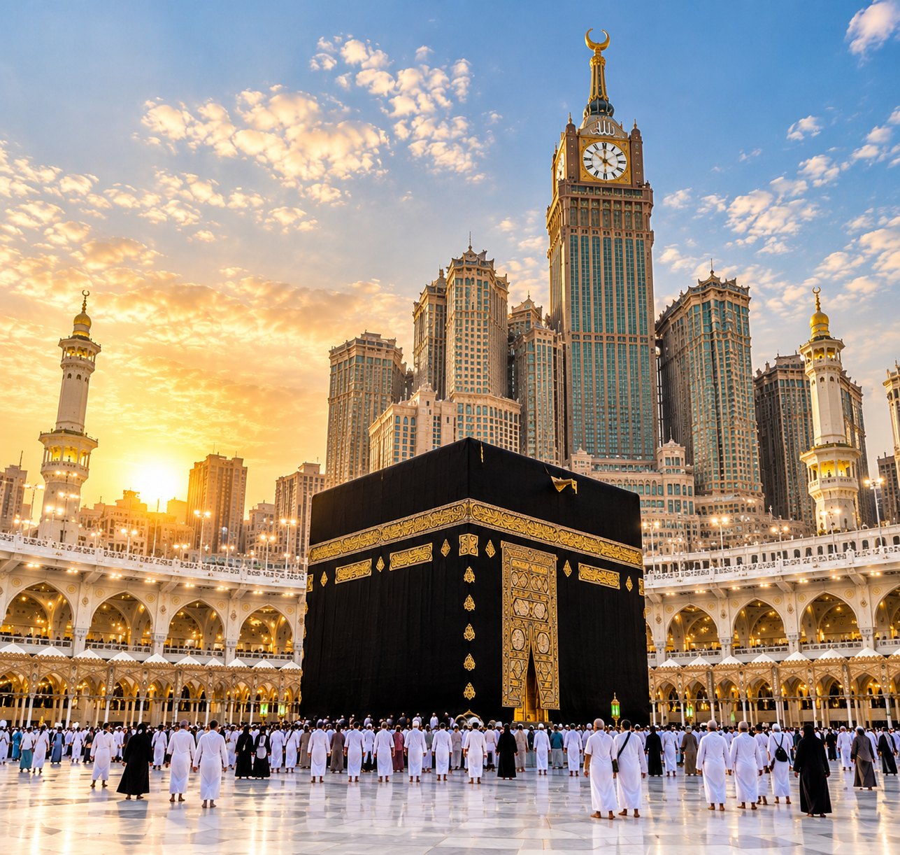The Kaaba in Masjid al-Haram at sunset, with the Makkah clock tower behind it