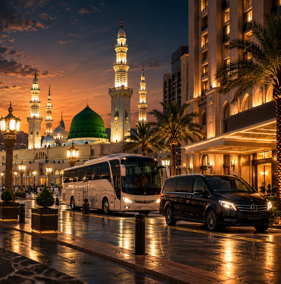 Masjid an-Nabawi at dusk, with a luxury coach and a private van outside a nearby hotel
