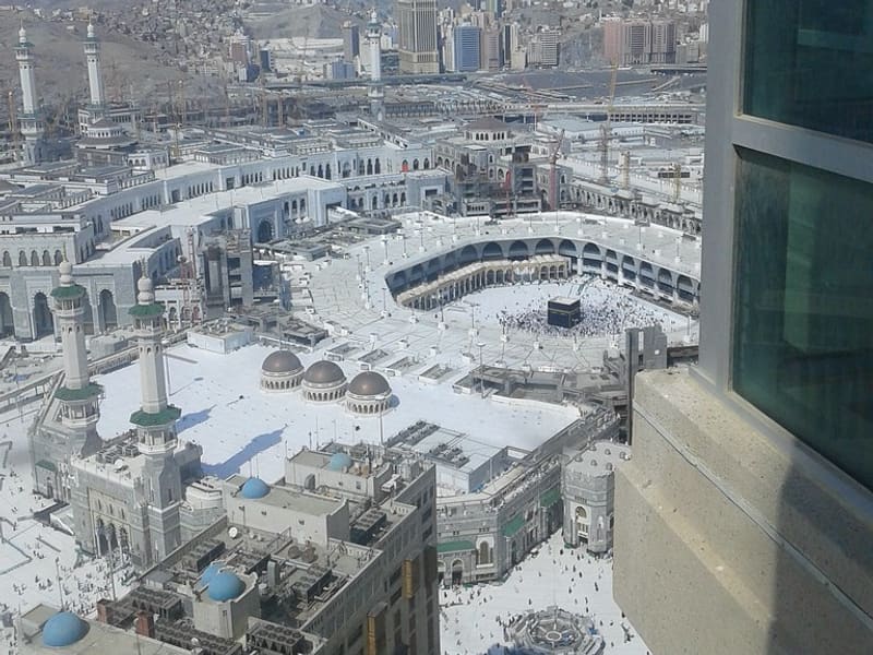 Masjid al-Haram and the Kaaba, seen from a high hotel window in Makkah